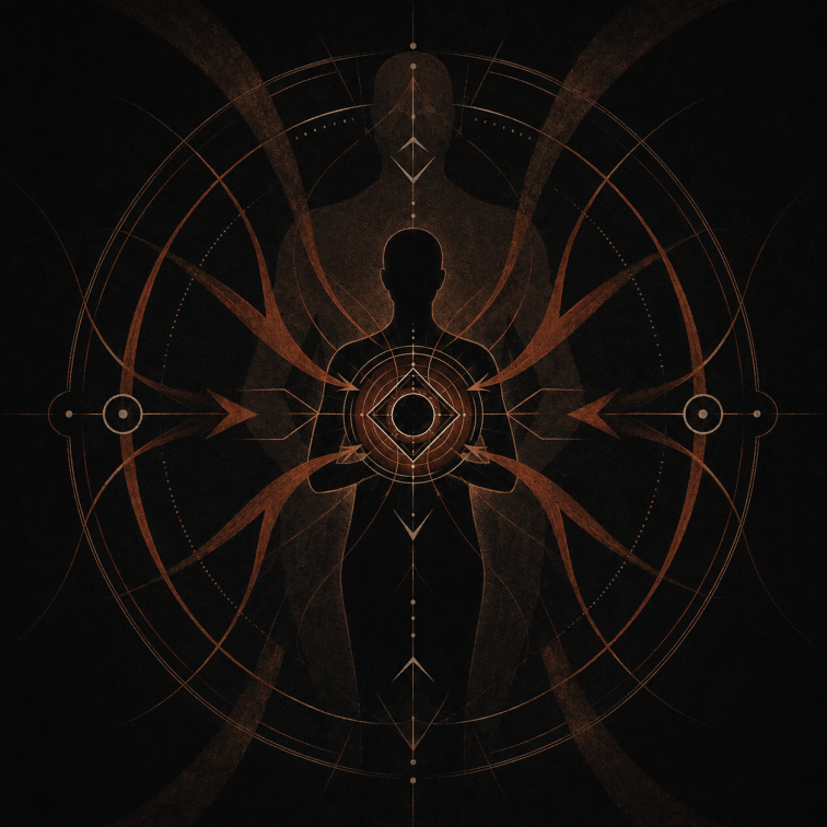 Abstract black magic spells artwork featuring layered human silhouettes, dark sacred geometry, occult circles and converging ritual energy lines, representing dark witchcraft, shadow work, forbidden manifestation, energetic influence and occult ritual practices.