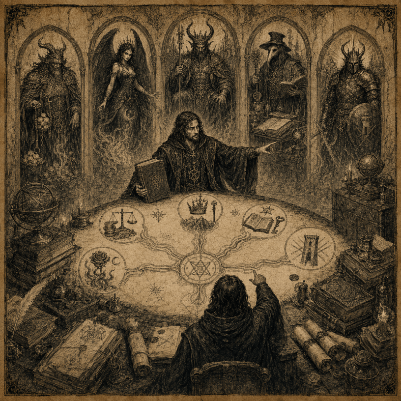 Antique witchcraft drawing of an occult practitioner helping a client choose the right demon for wealth, power, desire, knowledge, or protection.