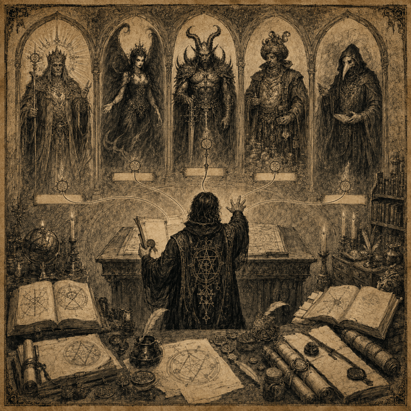 Antique witchcraft illustration showing an occult practitioner choosing between multiple infernal entities, including Lucifer, Lilith, Asmodeus, Mammon, and plague doctor–style spirit archetypes, representing personalized demon selection, custom demon contracts, infernal pacts, entity summoning, and black magic ritual guidance.