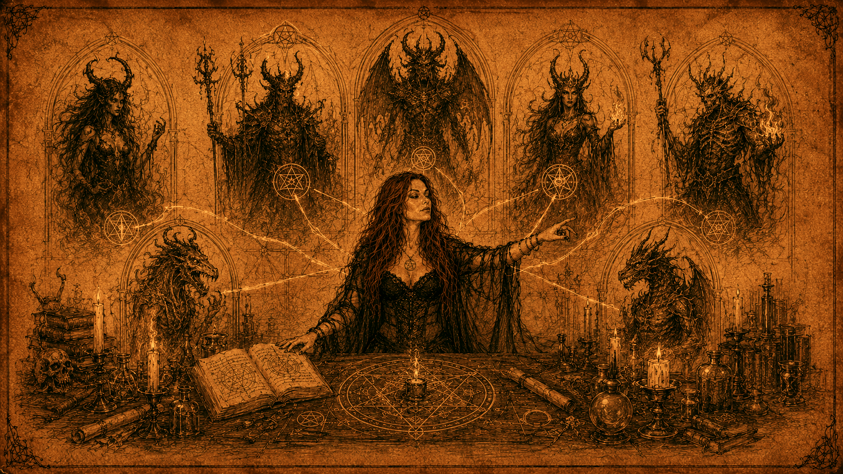 Antique witchcraft sketch of Onyxia Ravenstorm choosing among multiple infernal entities during a personalized demon selection ritual, surrounded by grimoires, candles, occult sigils, ritual tools, and demonic symbolism.