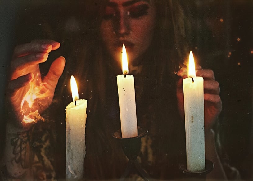 beautiful girl invoking powerful spell with 3 candles ritual, spellcasting services, black magic, cleansing ritual, healing witch