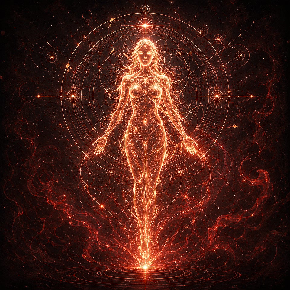 Glowing feminine spirit being formed through occult energy, sacred geometry, ritual sigils, and fiery light, representing custom spirit creation, personalized spirit companions, rare binding rituals, fantasy-inspired entities, and tailor-made spiritual connection.