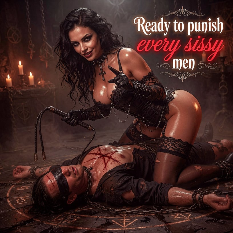 Gothic dark dominatrix in shiny black latex corset and thigh-high stockings stands over a blindfolded chained man, holding a whip, her oily full breasts and perfect big ass on full display, ready to punish every sissy in an occult ritual circle