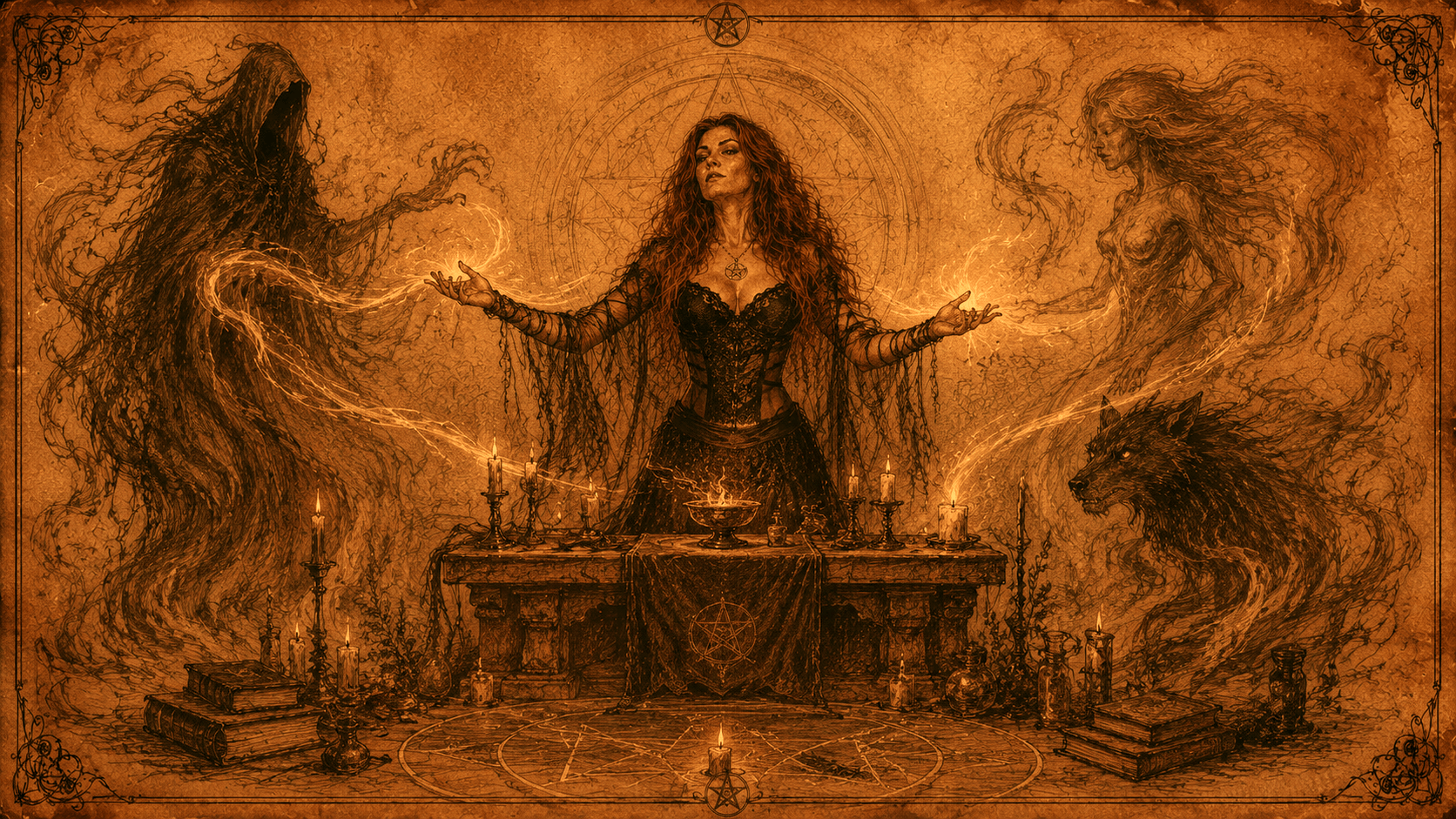 Antique witchcraft sketch of Onyxia Ravenstorm forming a dark entity pact and spirit alliance with shadow spirits, a feminine entity, and a werewolf companion, surrounded by candles, occult sigils, ritual books, and binding energy.