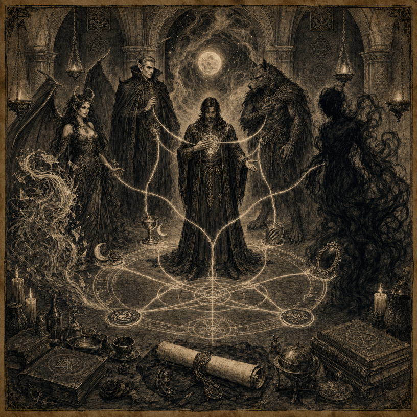 Antique witchcraft drawing of a dark entity pact and spirit alliance with succubus, vampire, werewolf, shadow, and custom companions.