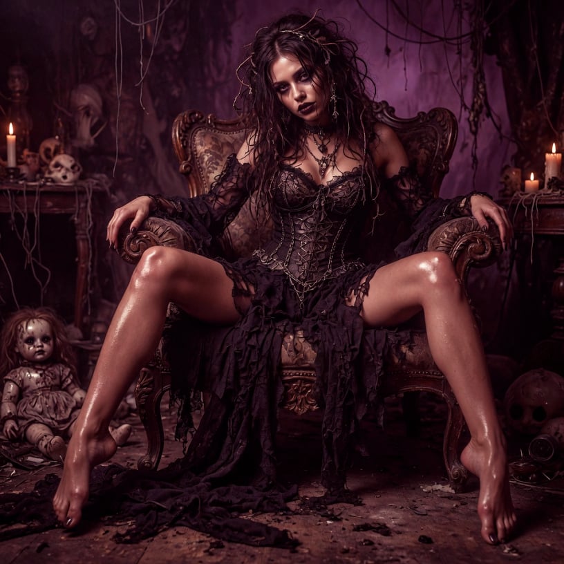 Dark Feminine Empowerment Spell artwork featuring a mysterious gothic witch seated on an antique throne inside a haunted ritual chamber surrounded by candles, occult symbols, skulls, and a voodoo doll, representing black magic, dark feminine energy, seduction, obsession, confidence, magnetic attraction, and spiritual empowerment.