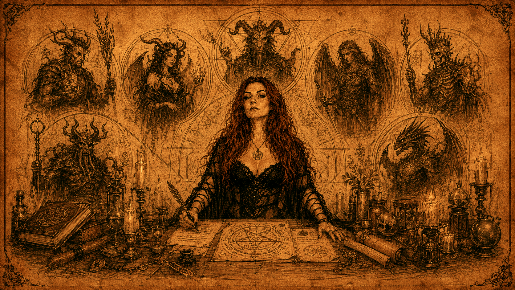 Antique witchcraft sketch of Onyxia Ravenstorm preparing a personalized demon contract ritual with multiple infernal entities, surrounded by grimoires, candles, occult sigils, ritual tools, and demonic symbolism.
