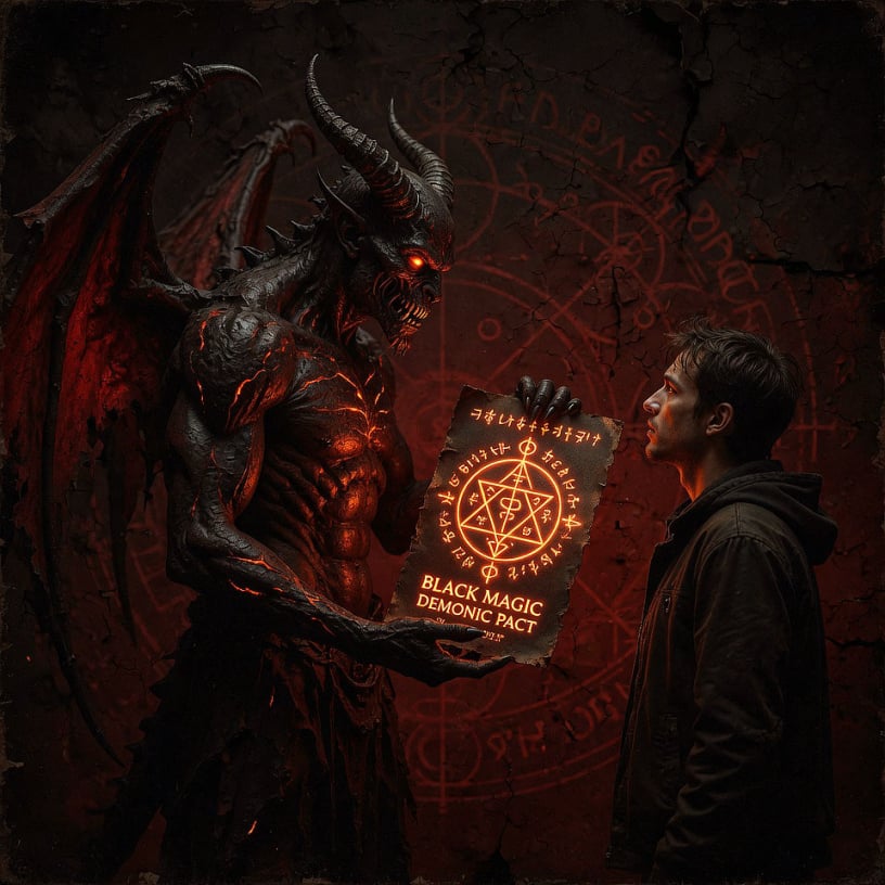 Black Magic Demonic Pact Spell artwork featuring a powerful horned demon presenting an infernal contract and glowing sigil to a man inside a dark occult ritual chamber, symbolizing demonic pact ritual, infernal agreement, forbidden magic, spirit invocation, and esoteric witchcraft.