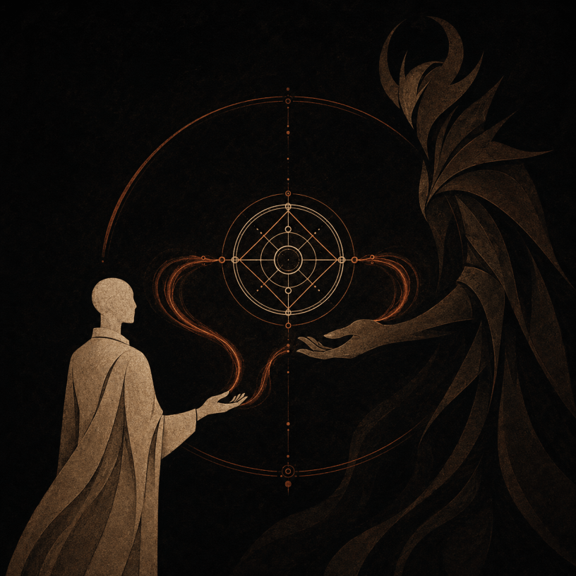 Abstract demonic pact artwork showing a human figure and a towering infernal entity exchanging ritual energy around an occult sigil, representing demonic contracts, spirit agreements, black magic pacts, infernal invocation and personalized occult rituals.