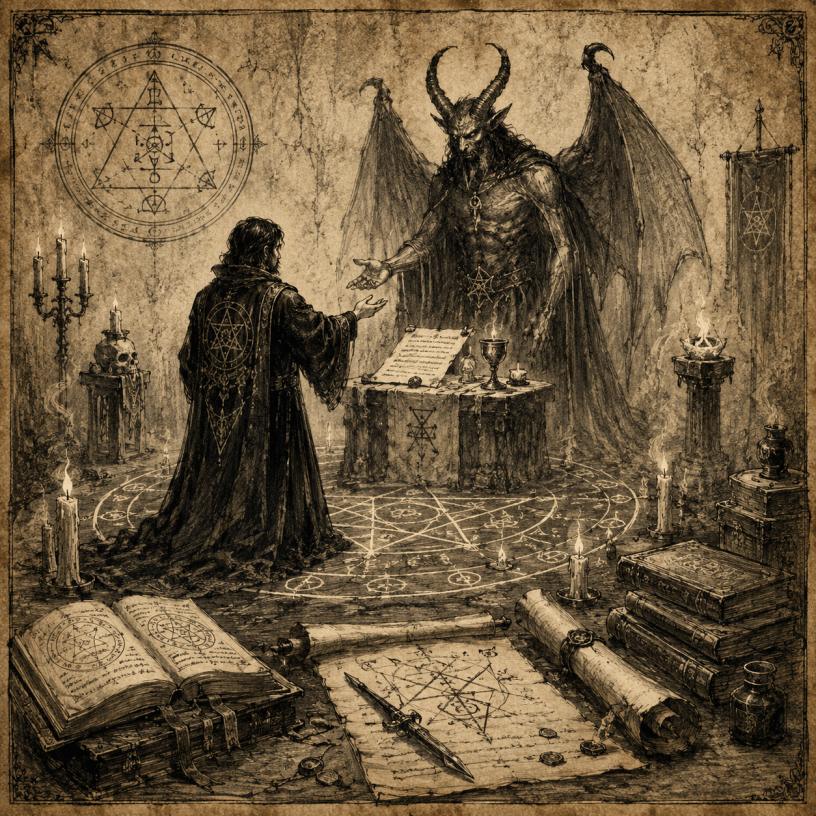 Antique witchcraft engraving showing a practitioner performing a Devil pact ritual with a horned infernal entity, surrounded by candles, occult sigils, grimoires, ritual tools, an infernal contract, and black magic symbolism.