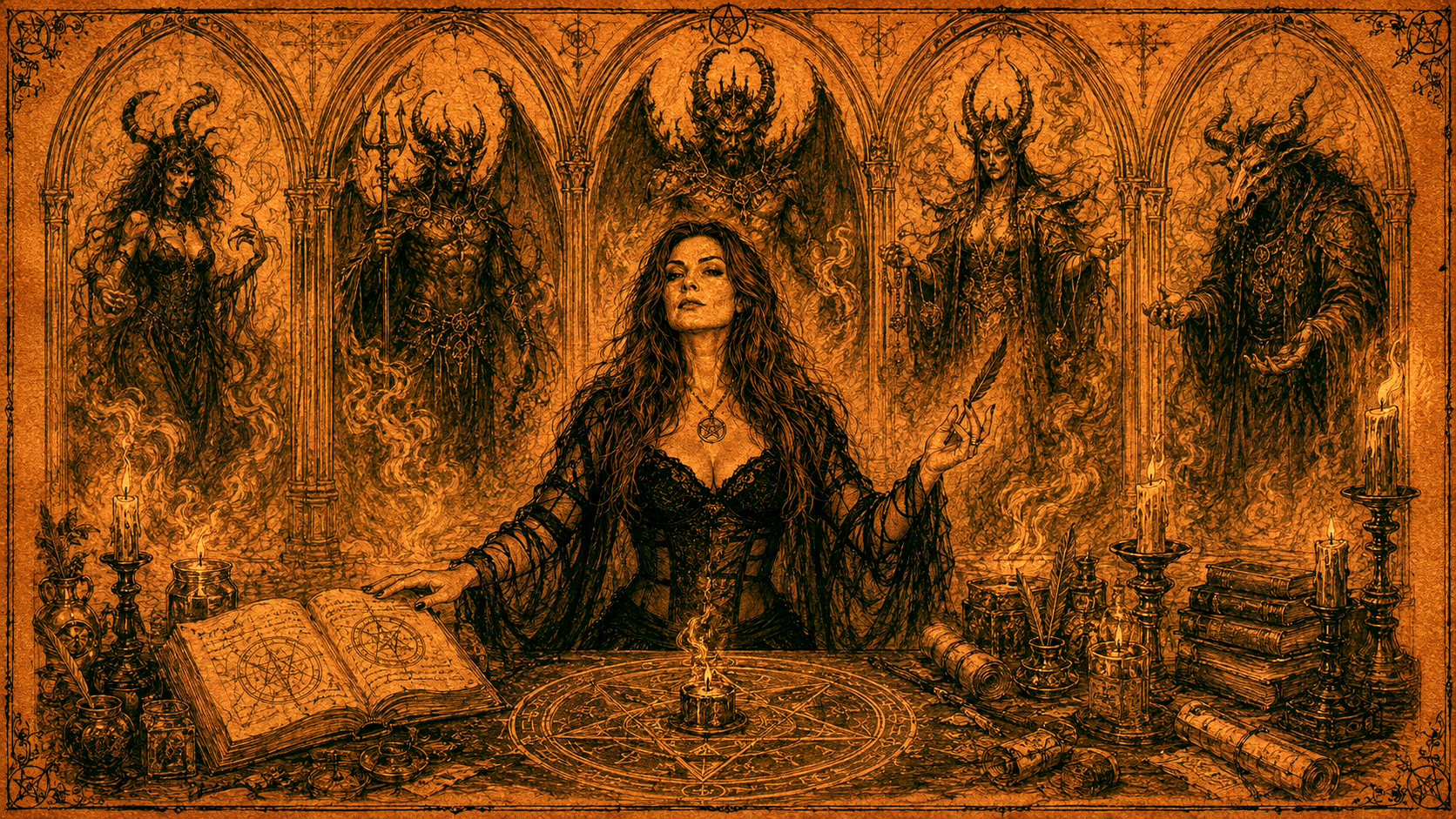 Antique witchcraft sketch of Onyxia Ravenstorm performing a custom demon contract ritual before multiple infernal entities, surrounded by grimoires, candles, occult sigils, ritual tools, and demonic symbolism.