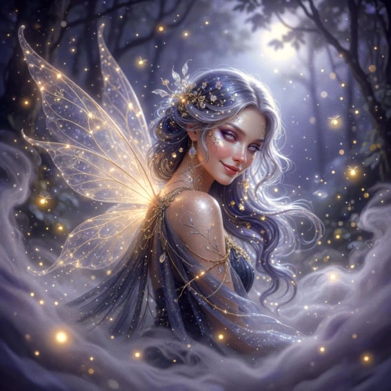 Enchanting fairy spirit with glowing wings, silver hair, luminous eyes, and sparkling forest energy, representing a gentle fae spirit companion, fairy spirit binding, emotional companionship, magical protection, intuitive guidance, and ethereal spiritual connection.