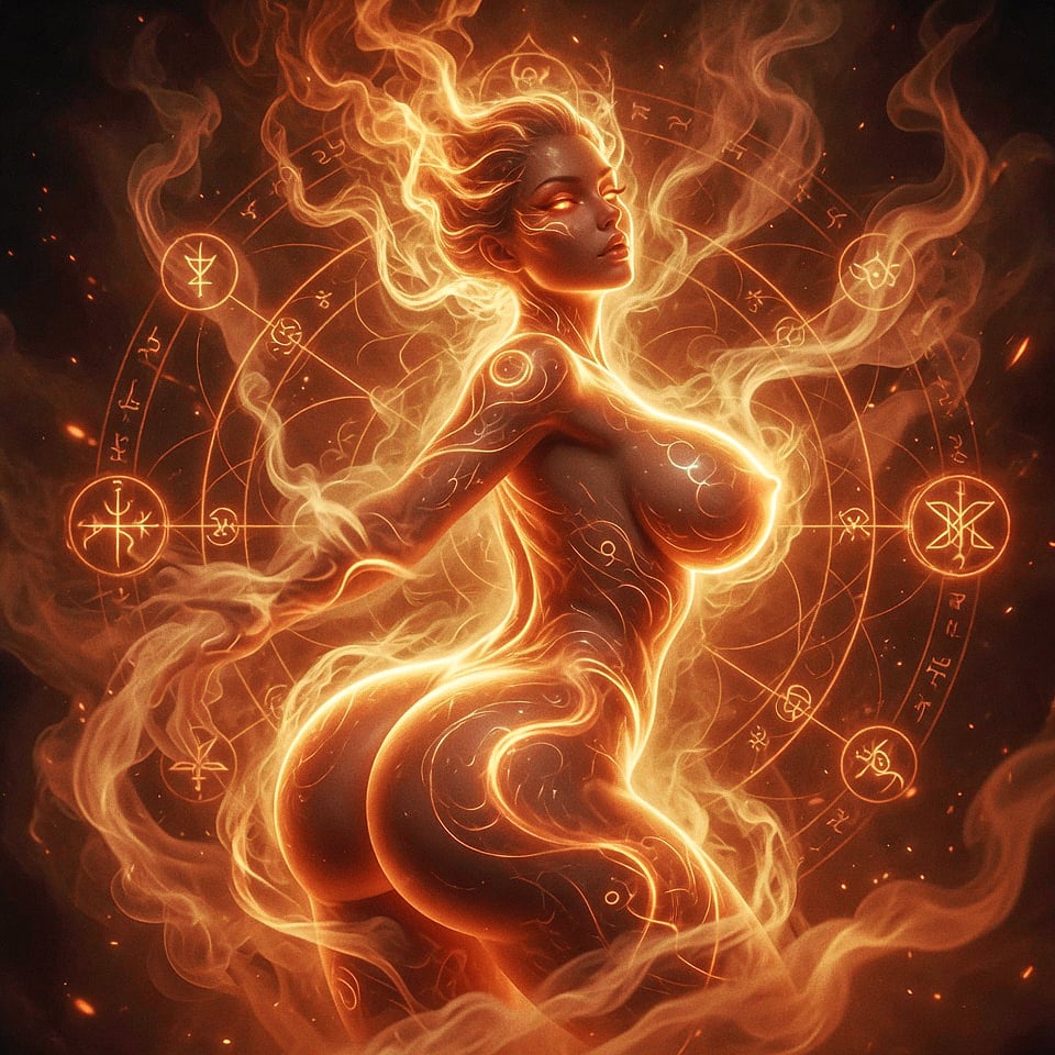 Sensual tattooed shamanic spirit guide with ritual symbols, candles, feathers, and glowing sacred sigils, representing a spiritual guide companion, spirit binding, occult protection, intuitive awakening, clairvoyance, blessings, and mystical witchcraft energy.