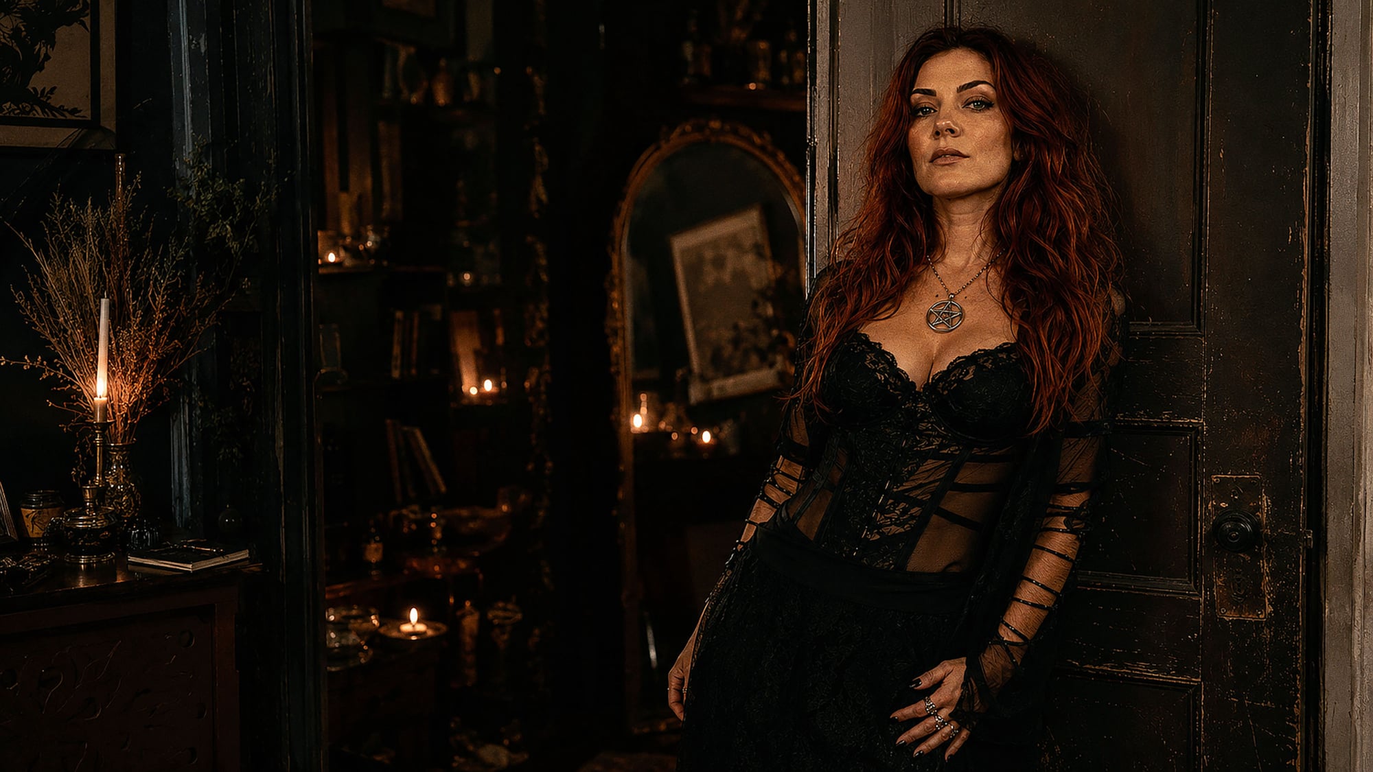 Onyxia Ravenstorm, personalized ritual practitioner from Romania, standing in her private occult ritual room, offering love, lust, obsession, wealth, cleansing, protection, and custom spell services.