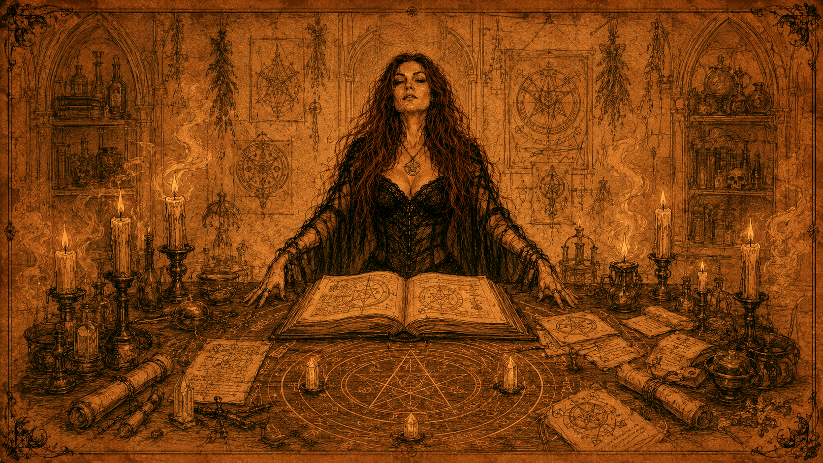 Antique witchcraft sketch of Onyxia Ravenstorm performing a personalized infernal ritual at an occult altar, surrounded by candles, grimoires, sigils, ritual tools, and dark energy symbolism for manifestation, protection, power, and transformation.