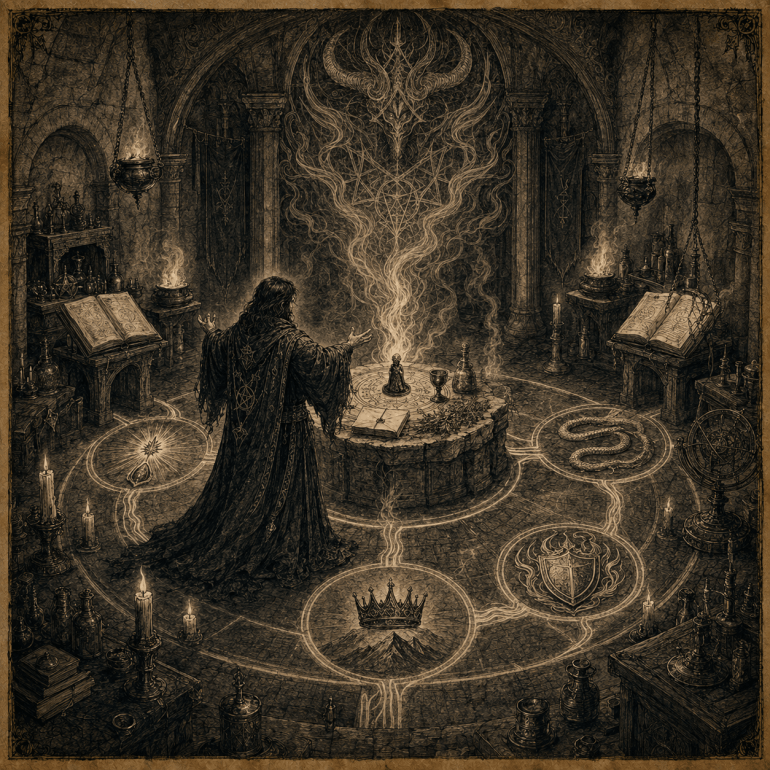 Antique witchcraft drawing of a personalized infernal ritual for manifestation, transformation, protection, and personal power.