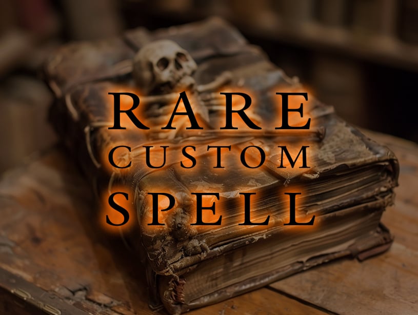 very rare book of witchcraft magic with a skull, text on image: Rare Custom Spell