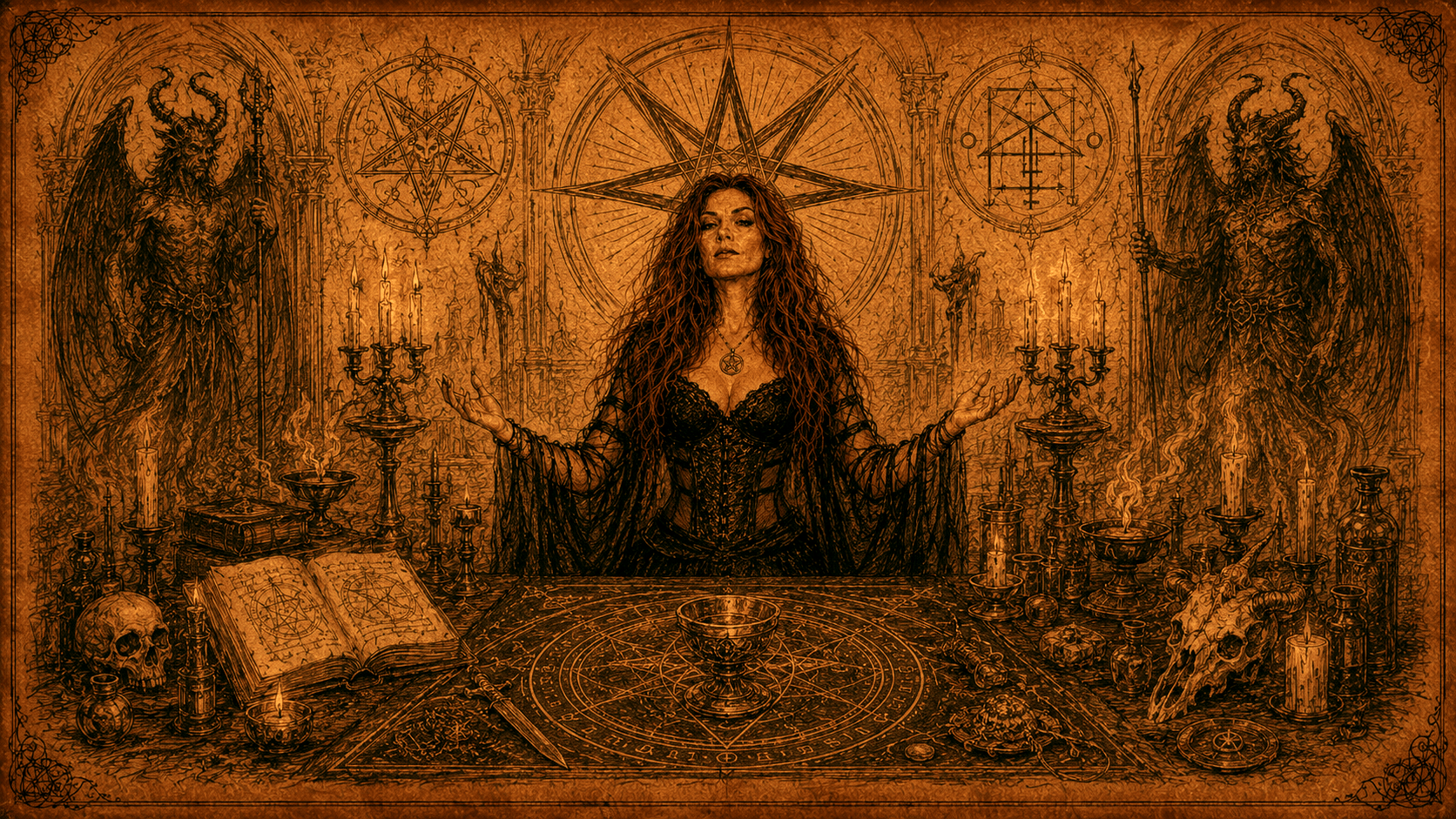 Antique witchcraft sketch of Onyxia Ravenstorm performing a Satanic and Luciferian worship ritual at an occult altar, surrounded by infernal entities, candles, grimoires, ritual sigils, chalices, skulls, and dark ceremonial symbolism.