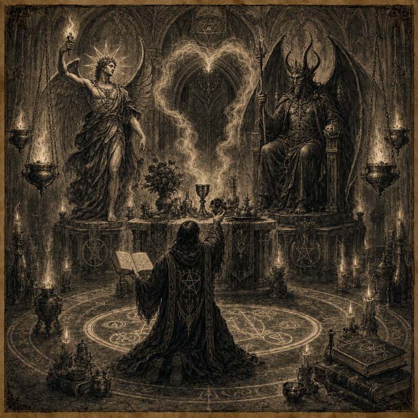 Antique witchcraft drawing of a Satanic and Luciferian worship ritual with ceremonial offerings, invocation, and infernal devotion.