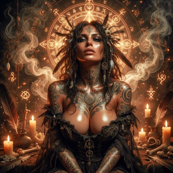 Sensual tattooed shamanic spirit guide with ritual symbols, candles, feathers, and glowing sacred sigils, representing a spiritual guide companion, spirit binding, occult protection, intuitive awakening, clairvoyance, blessings, and mystical witchcraft energy.