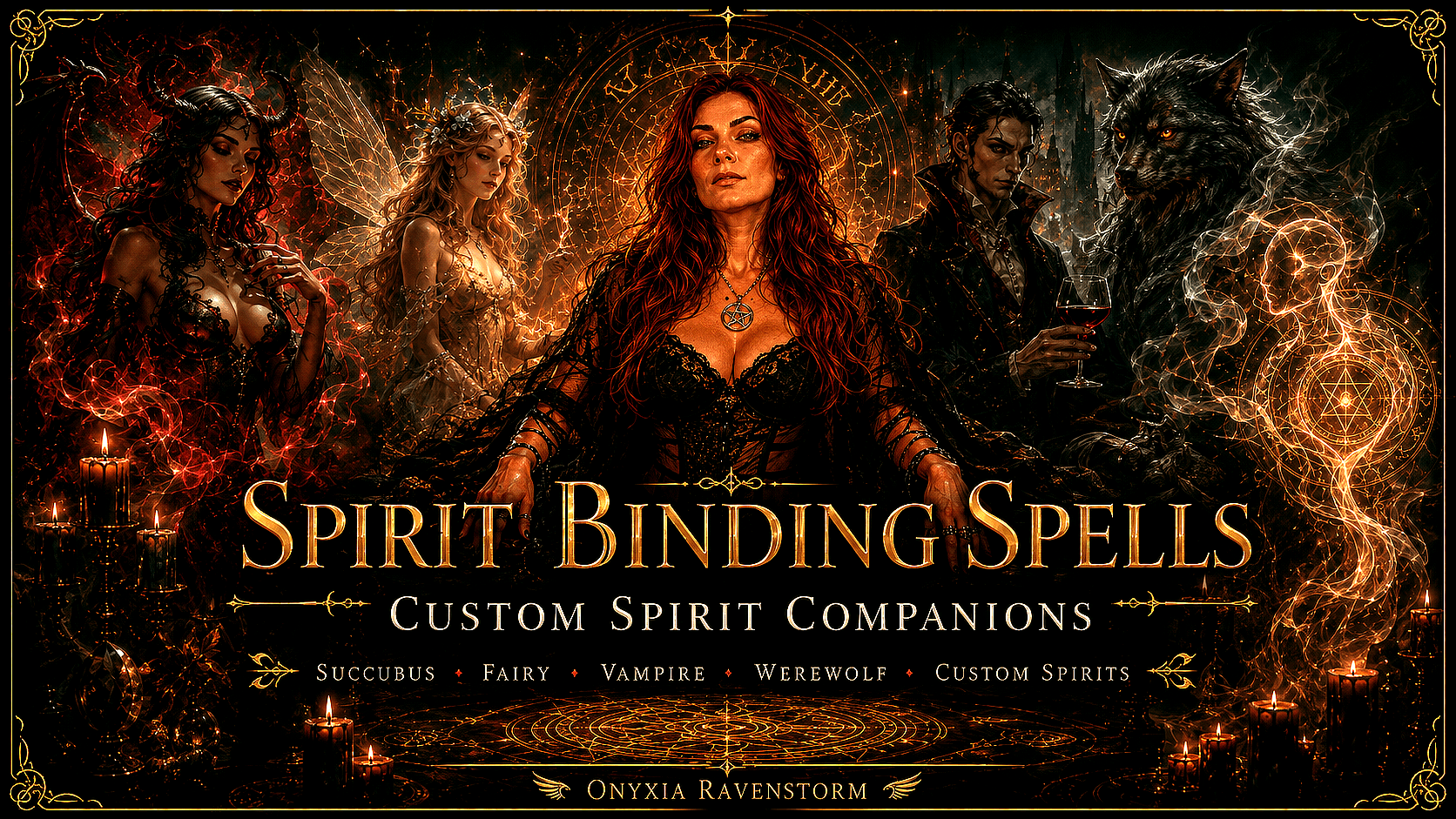 Spirit Binding Spells social sharing image featuring Onyxia Ravenstorm with a succubus, fairy, vampire, werewolf, and glowing custom spirit, representing personalized spirit companion bindings, demonic and mythological entities, sensual companionship, protection, guidance, and custom spirit creation.