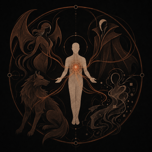 Abstract spirit binding artwork showing a human figure connected to a succubus, vampire, werewolf and custom spiritual entities, representing spirit companions, entity bonding, supernatural familiars and personalized spirit summoning rituals.