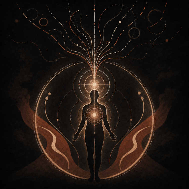 Abstract spiritual energy spells artwork featuring a human silhouette surrounded by glowing sacred geometry, flowing energy lines and cosmic symbols, representing positive manifestation rituals, energetic alignment, aura activation, spiritual transformation and personal empowerment.