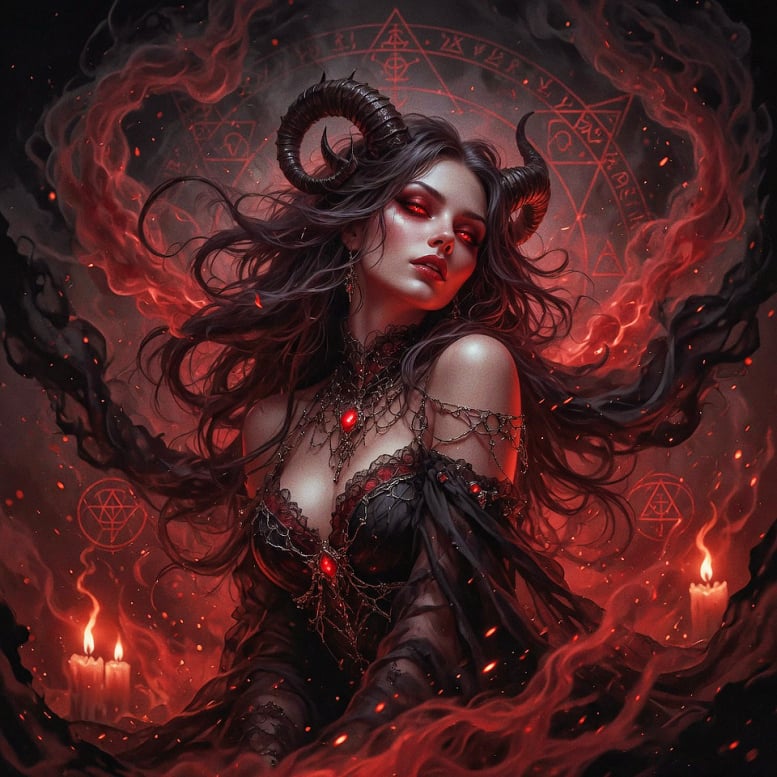 Sensual succubus spirit with curved horns, glowing red eyes, black gothic attire, occult sigils, candles, and infernal smoke, representing a demonic spirit binding, intimate spiritual companion, lust energy, dark feminine presence, and personalized succubus ritual.